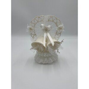 Vintage Ivory Lace Heart Shaped with Wedding Bells Tulle Flowers Cake Topper